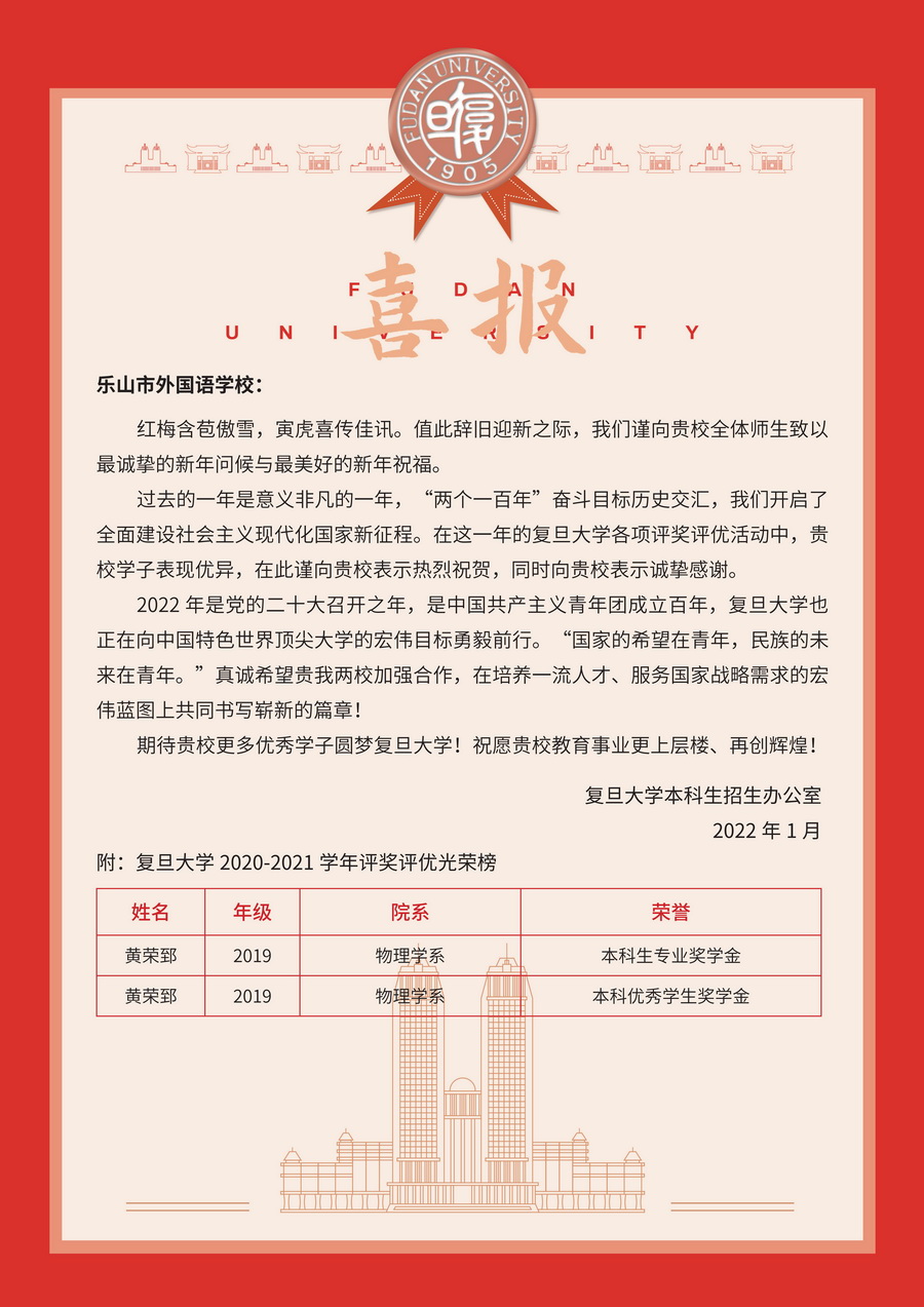 喜報(bào)|2019屆畢業(yè)生黃榮郅 喜獲復(fù)旦大學(xué)獎(jiǎng)學(xué)金！